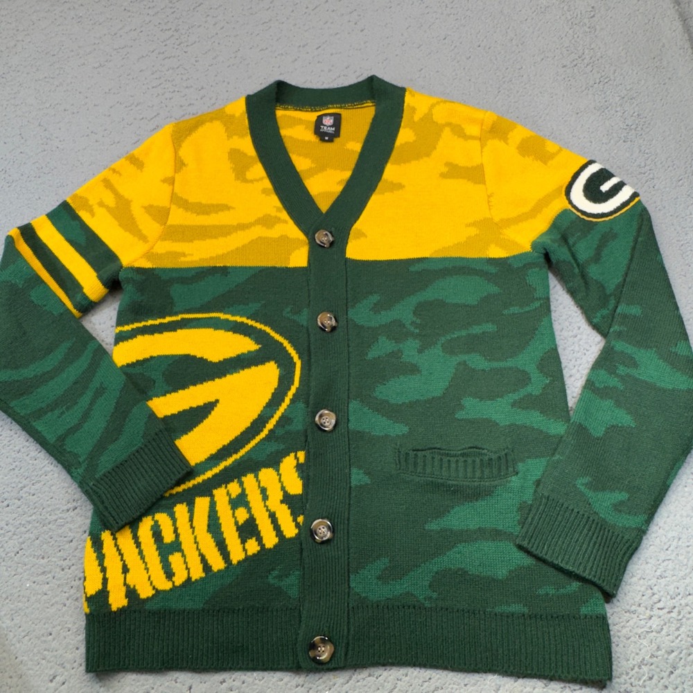 Green Bay Packers Cardigan Mens Medium Green Yellow Camo Button Up NFL Sweater